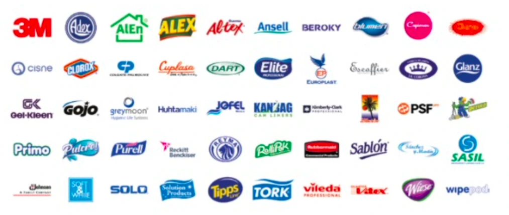Logotipos de marcas que distribuye SELIM: 3M, Adex, Alen, Alex, Altex, Ansell, Beroky, Blumen, Cisne, Clorox, Colgate-Palmolive, Cuplasa, Dart, Elite Professional, Europlast, Escoffier, Glanz, Gel-Kleen, Gojo, Greymoon, Huhtamaki, Jofel, Kanbag, Kimberly-Clark Professional, PSF, Primo, Pulcro, Purell, Reckitt Benckiser, Reyma, RolliPak, Rubbermaid, Sablón, Sánchez y Martín, Sasil, SC Johnson, Soft & White, Solo, Solution Products, Tipps, Tork, Vileda Professional, Vitex, Wiese, Wipepod, entre otras.